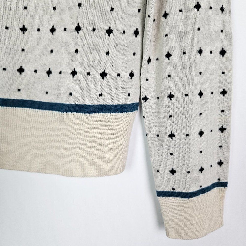 Halogen Cream Wool Cardigan with Black Geometric Pattern & Blue Trim - Picture 3 of 10